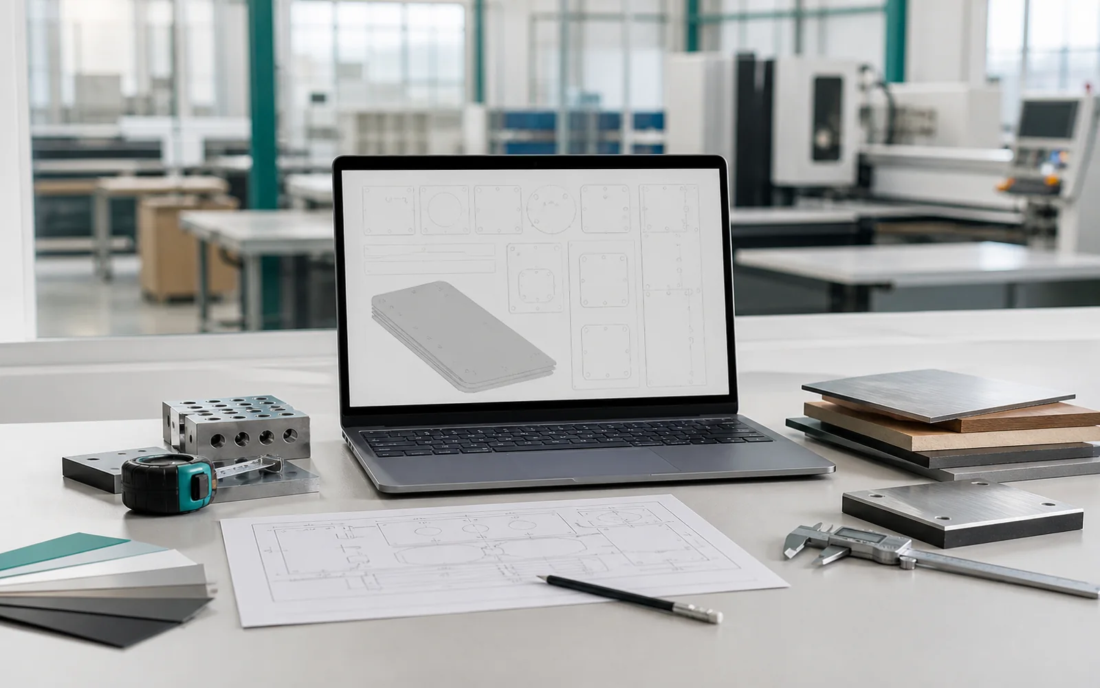 Werktafel met technische tekening, meetgereedschap en CAD-bestand voor maatwerk plaatbewerking.