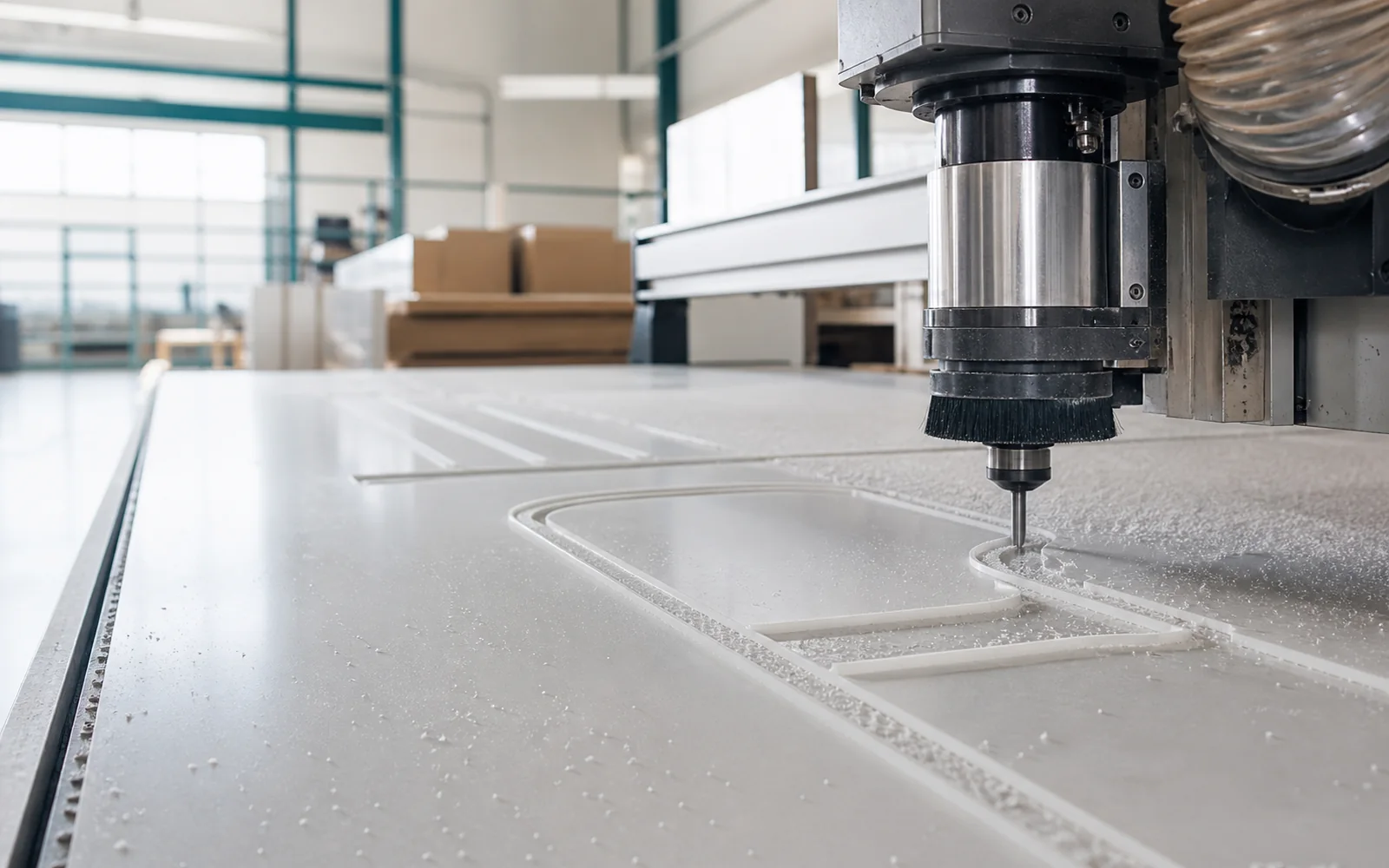 CNC-frees die een maatwerk kunststof plaat nauwkeurig contourfreest in een schone werkplaats.