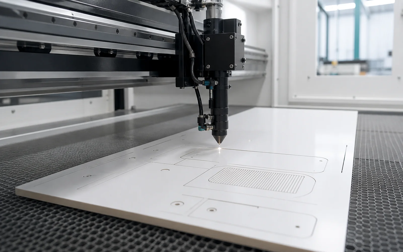 Laser- of graveerkop die vlak plaatmateriaal nauwkeurig bewerkt in een schone werkplaats.