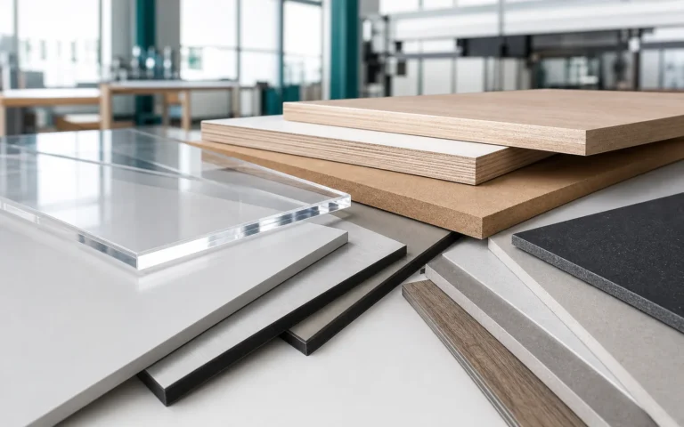 Verschillende plaatmaterialen en diktes overzichtelijk gerangschikt op een werkbank.