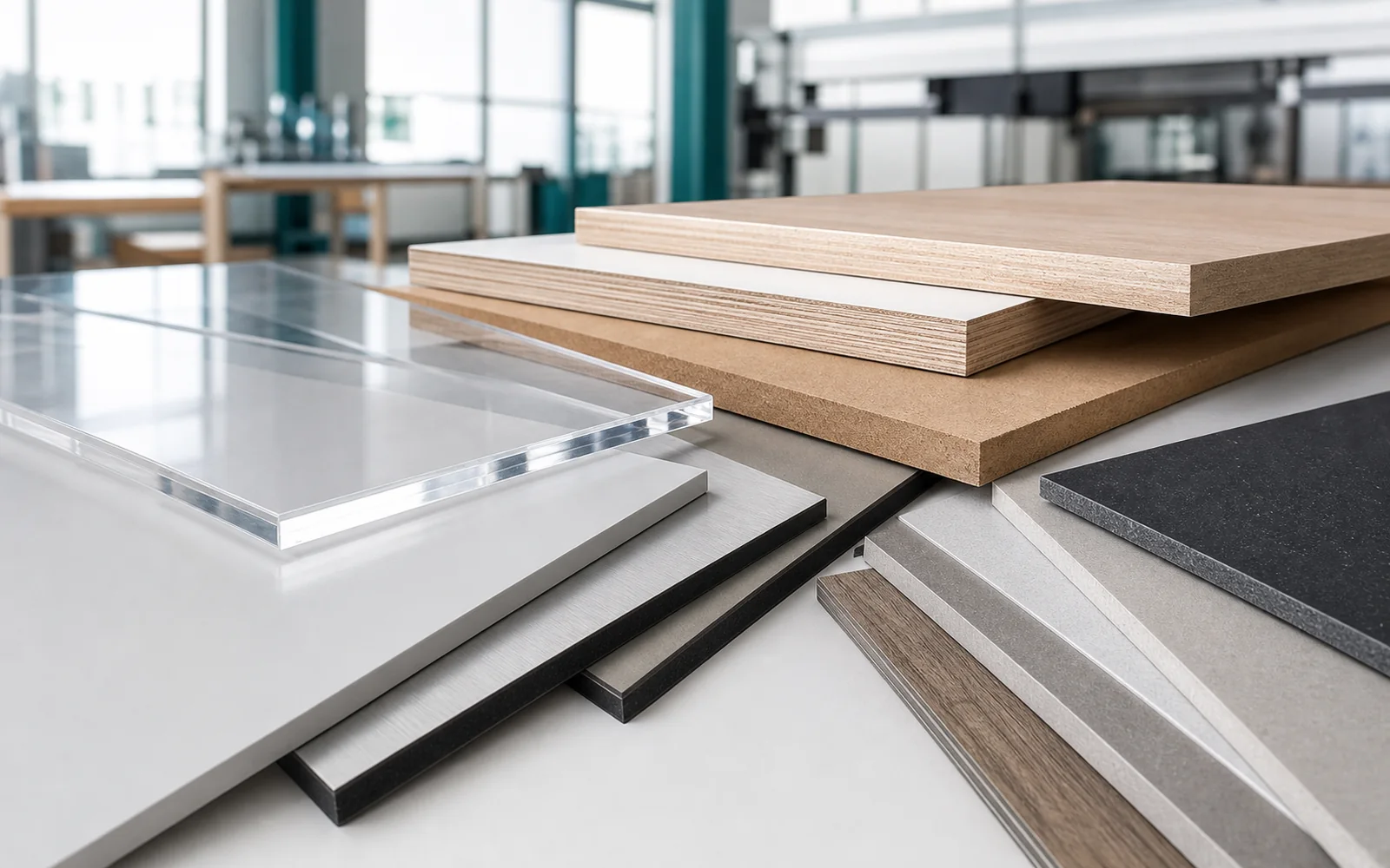 Verschillende plaatmaterialen en diktes overzichtelijk gerangschikt op een werkbank.