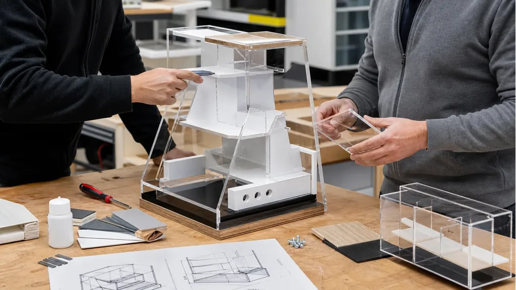 Retailteam bespreekt een display op maat met prototype, materiaalkeuze en assemblagedetails.