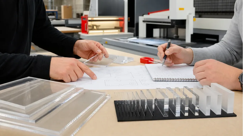Inkoper vergelijkt plexiglas diktes, snijlengte en afwerking voor een lasersnijofferte bij Milplex.