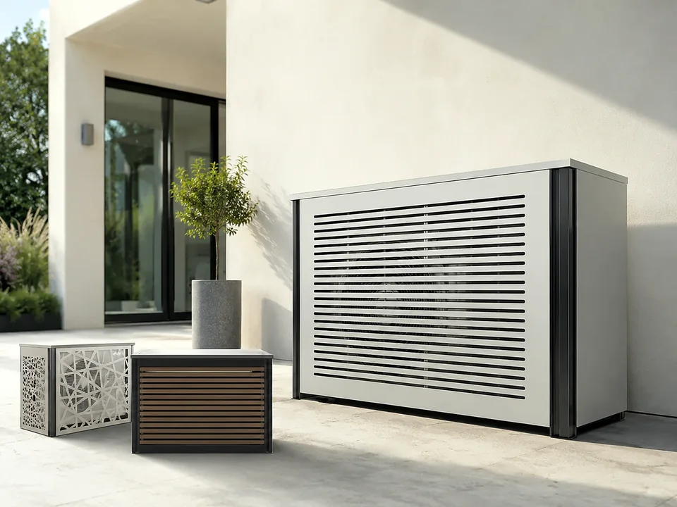 Voorbeeld van maatwerk omkastingen voor airco- en warmtepompunits.