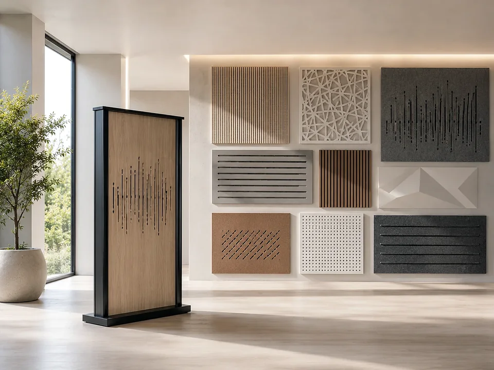 Voorbeeldwand met akoestische en decoratieve gefreesde panelen.