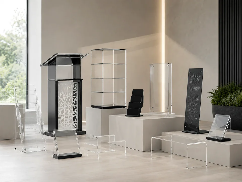 Voorbeeld van displays en houders in een moderne winkelpresentatie.