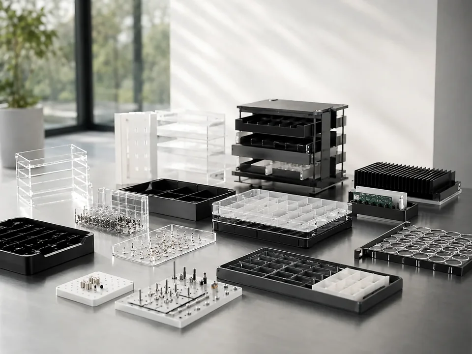 Voorbeeld van industriële trays, houders en assemblagefixtures.
