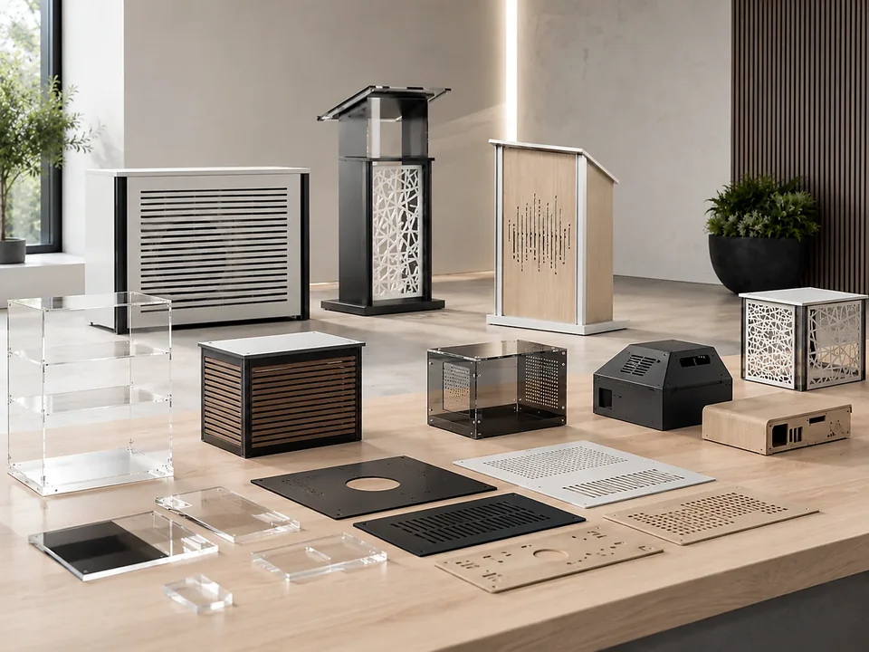 Voorbeeldcollectie van technische behuizingen, kappen en frontpanelen.