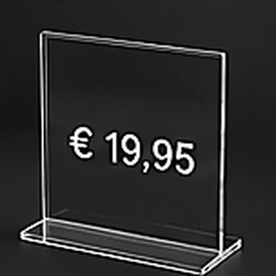 Voorbeeld van een transparante acrylaat prijshouder.
