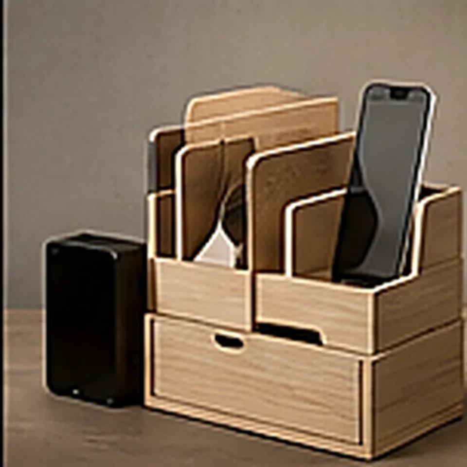 Voorbeeld van een modulaire bureau-organizer in hout of HPL.