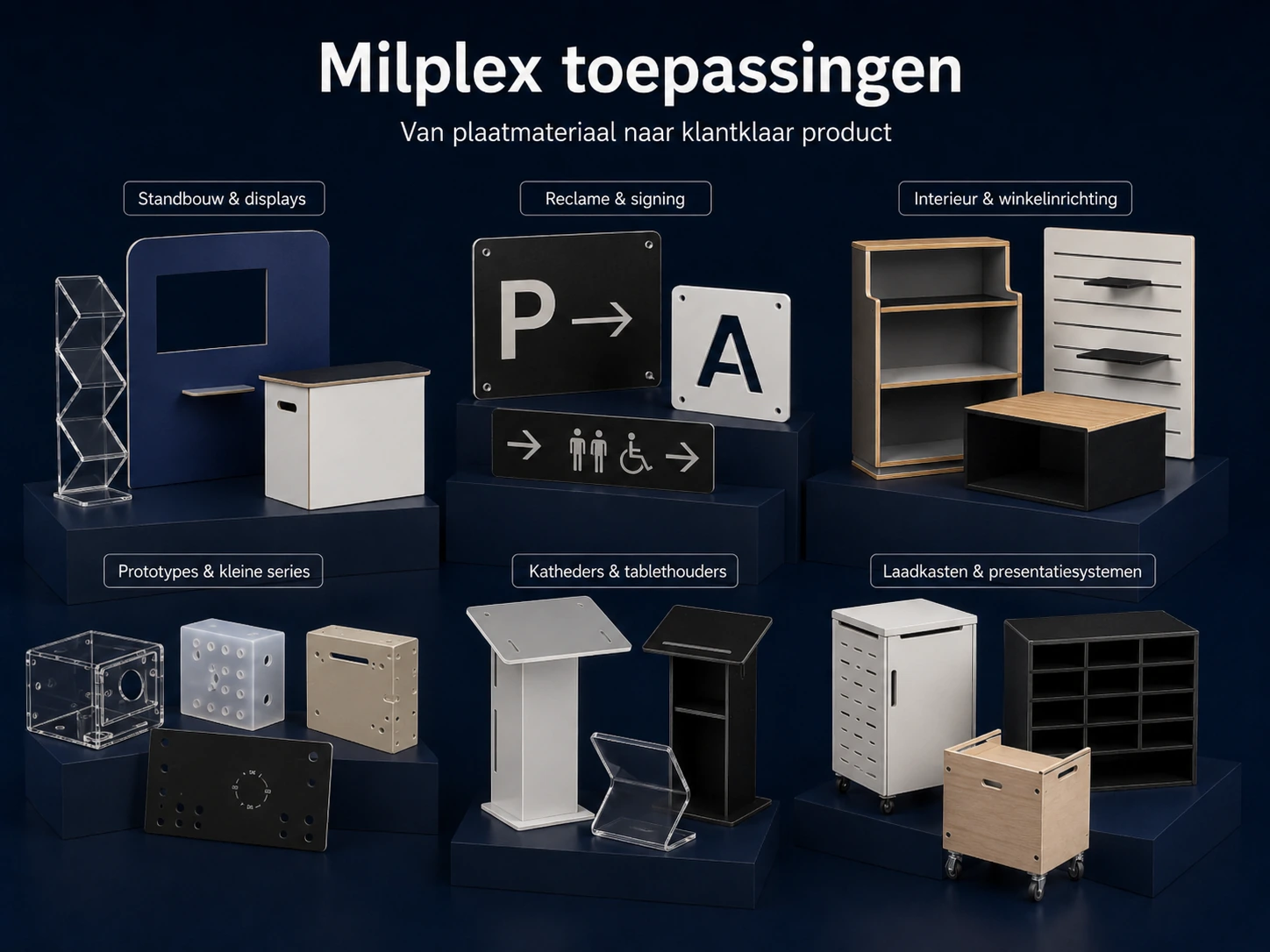 Illustratief overzicht van mogelijke Milplex-toepassingen in plaatmateriaal.