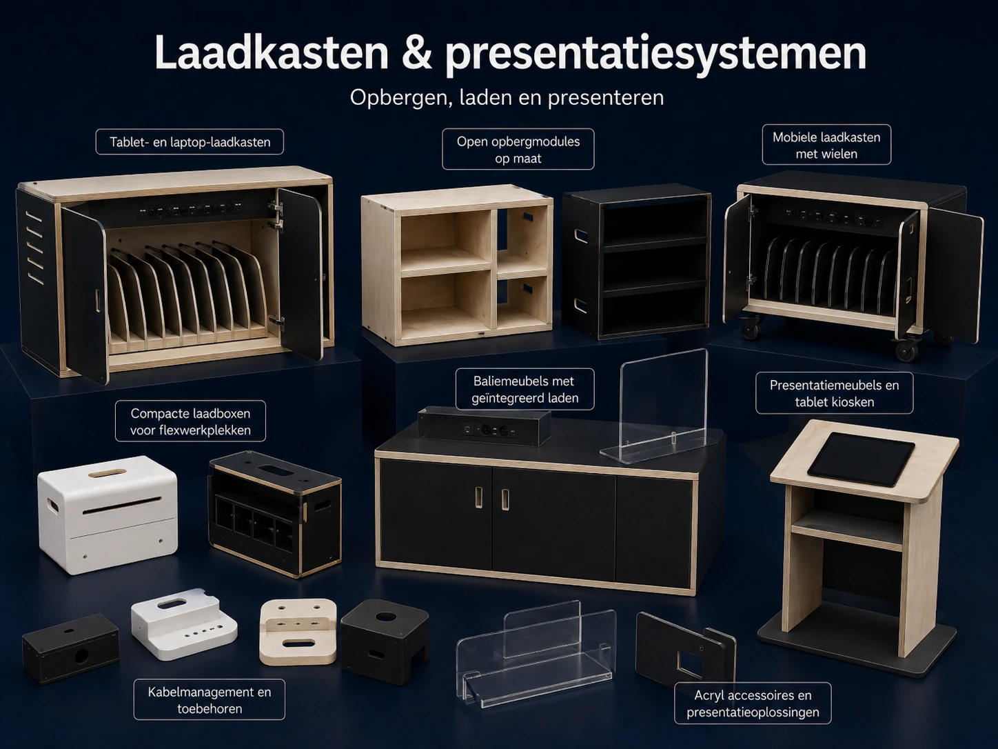 Illustratief overzicht van laadkasten en modulaire presentatiesystemen.