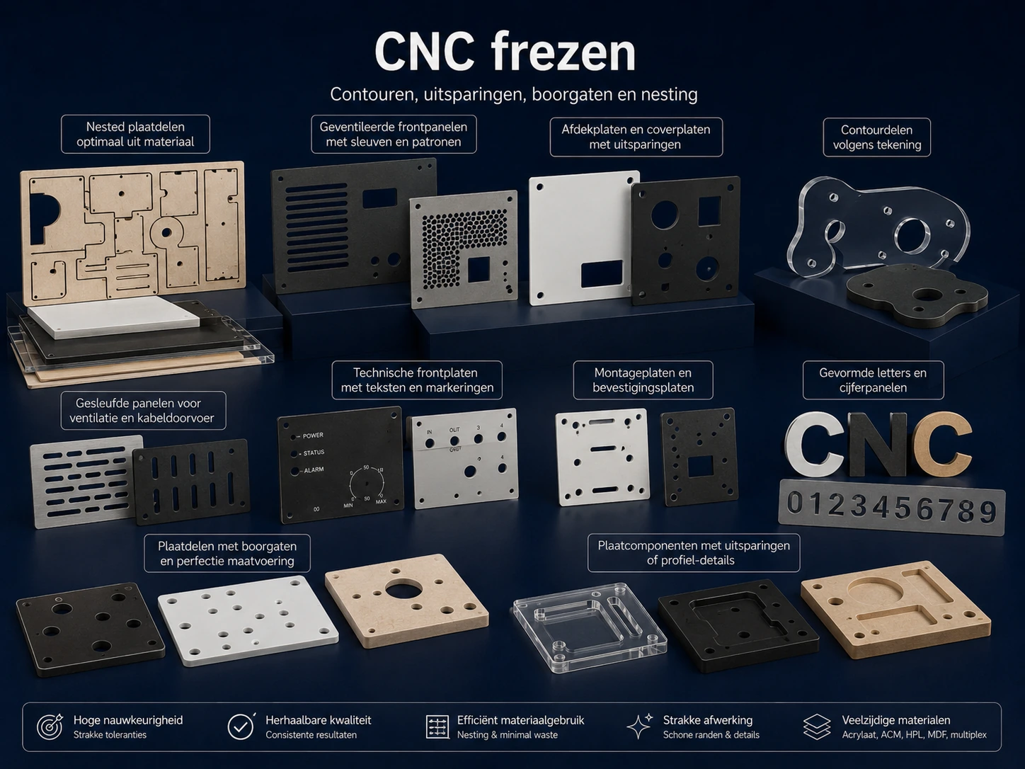 Illustratief overzicht van CNC-freeswerk in verschillende plaatmaterialen.