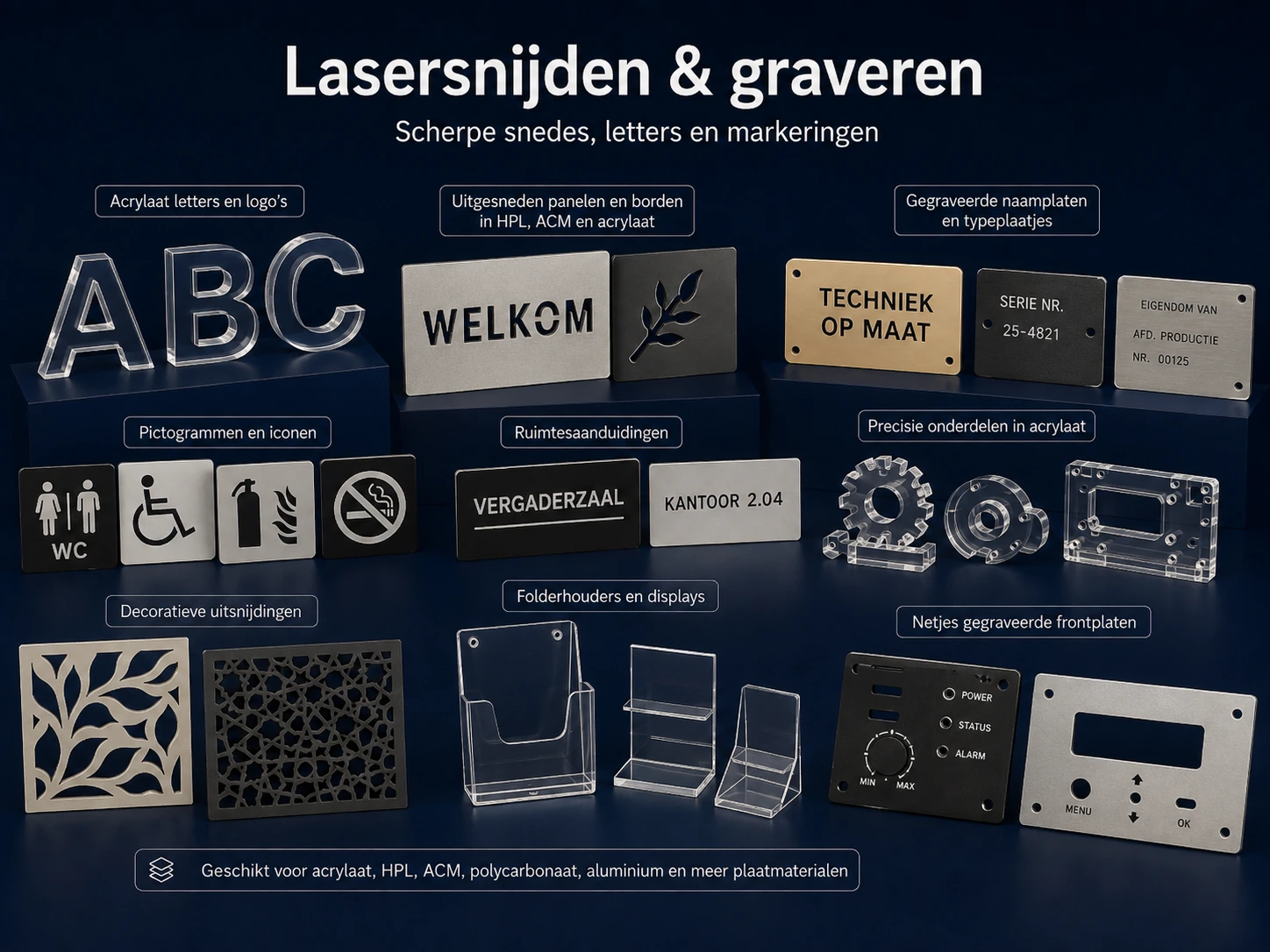Illustratief overzicht van lasersnijden en graveren in geschikt plaatmateriaal.