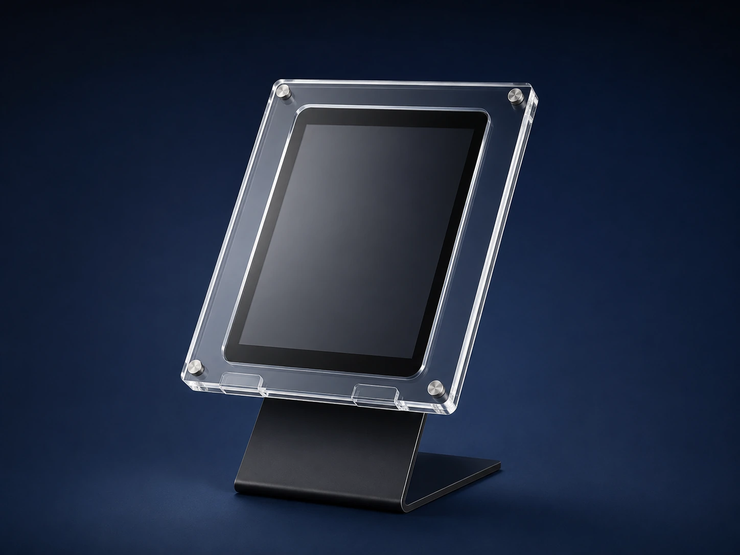 Illustratieve tabletstand in gebogen acrylaat.